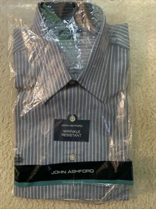 John Ashford Dress Shirt Men’s L (16 34/35) Blue with White/Gold Stripe NWT - Picture 1 of 4