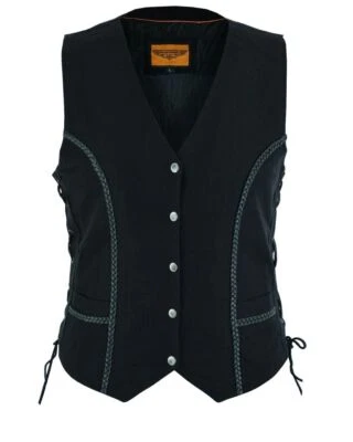 Premium Black Women's Genuine Denim Vest Biker Braided Gun Pockets Waistcoat - Image 1 of 4