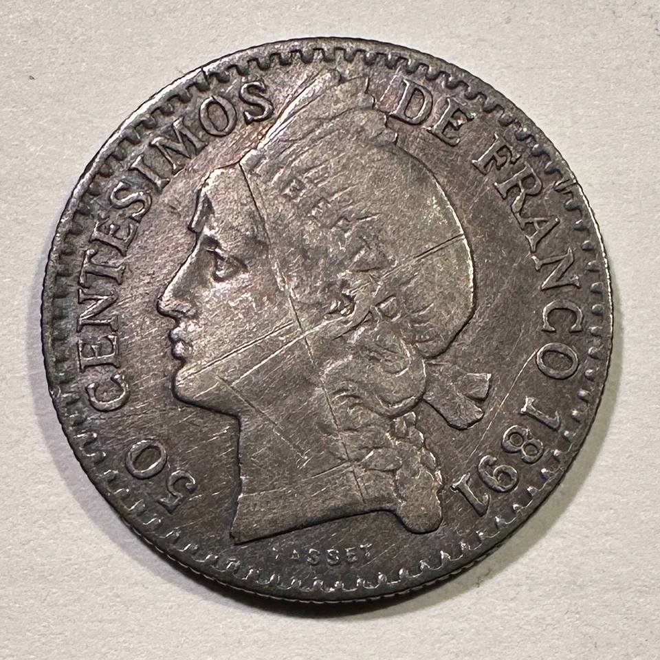1891 República Dominicana 50 Centesimos de Franco Tipo Escaso Arañazos Rev Luster Foto 1 de 2