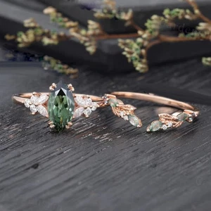 2.45 Ct Green Marquise Diamond Engagement Wedding Ring Set 14k Rose Gold Finish - Picture 1 of 7