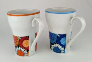 VINTAGE SUNFLOWERS TALL COFFEE MUGS SET OF 2 BLUE & ORANGE - Picture 1 of 8