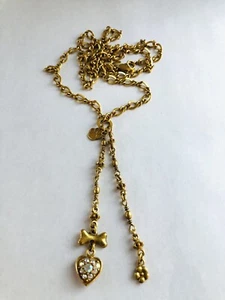 Signed KIRKS FOLLY AB Crystal Heart Dog Bone & Paw Gold Tone Tassel Necklace - Picture 1 of 9
