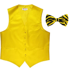 New Men's Formal Vest Tuxedo Waistcoat yellow with ZEBRA Bowtie prom wedding - Picture 1 of 5