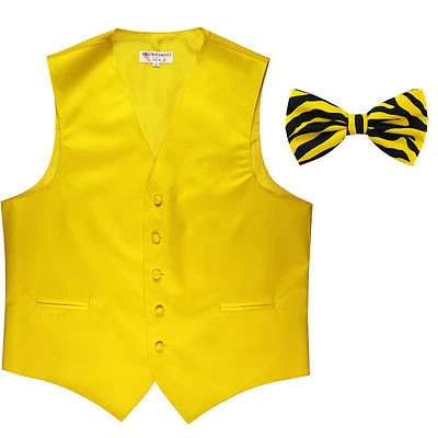New Men's Formal Vest Tuxedo Waistcoat yellow with ZEBRA Bowtie prom wedding - Image 1 of 4