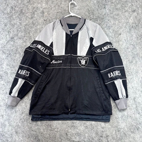 Oakland Raiders Sweater Mens Large Black White Full Zip Mesh Fan Gear Cover
