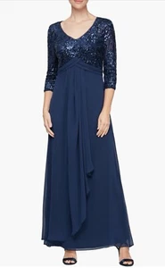 Alex Evenings Sequin Three Quarter Sleeve Evening Gown Dress 8 Navy Blue NWT - Picture 1 of 9
