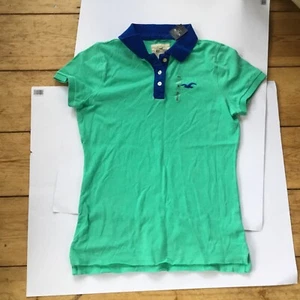 Hollister Women’s Polo Shirt Green With Contrast Blue Collar Cotton Rich M New - Picture 1 of 10