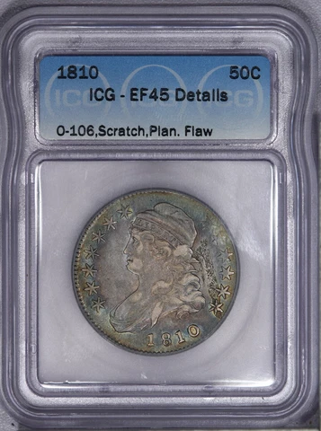1810 Capped Bust Half Dollar 50c O-106 ICG EF45 XF45 Details - Planchet Flaw Cover