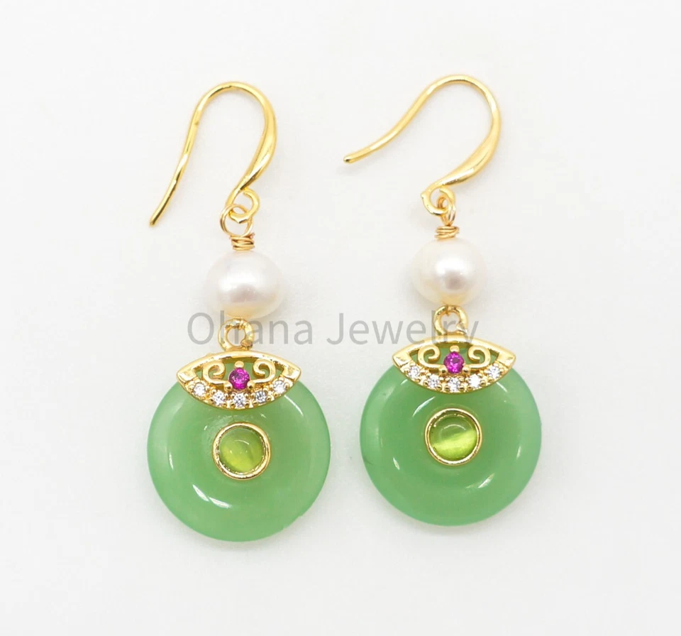 Natural Green Jade Freshwater Pearl Dangling Drop Earrings - Fancy Donut - Imagem 1 de 1