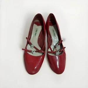 Miu Miu Round Toe Flat Pumps Mary Jane Bijou Red Patent Leather Size 37.5 - Picture 1 of 5