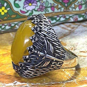 AAA Yellow Yemeni Aqeeq Agate Akik Aqiq Bague Sterling Silver Mens شرف الشمس نقش - Picture 1 of 12