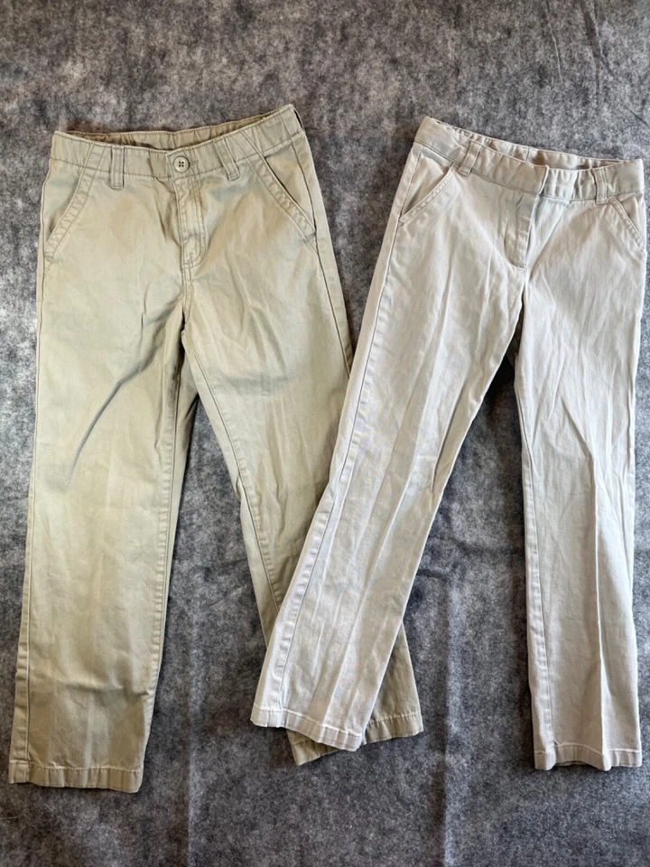 2 Pair-Boys George & Crazy Sz 10 khaki flat front adjust waist uniform pants - Image 1 of 4