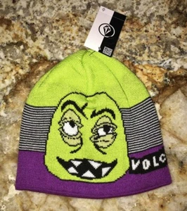VOLCOM Faces Knit Beanie Lime Green Purple Winter Hat Kids Youth Boys Girls O/S - Picture 1 of 3