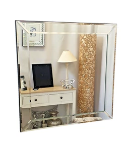 Modern Mitered Corner Art Deco Square Wall Mirror Bevelled Glass Silver 77x77cm - Picture 1 of 7