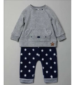 Baby Boy Grey Fleece Teddy Star Top & Bottoms Outfit Set Age 0 3 6 9 Months New - Picture 1 of 3
