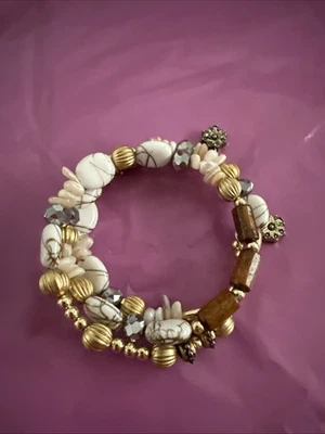 Grueso Multicapa Piedra Natural Cuentas Capas Alambre Envolvente Pulsera Playa Neutral Foto 1 de 4