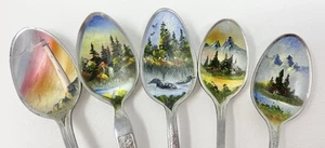 Lot 5 Hand Painted Vintage Silverware Spoons Landscape Scene Art Craft W Magnets - Picture 1 of 16