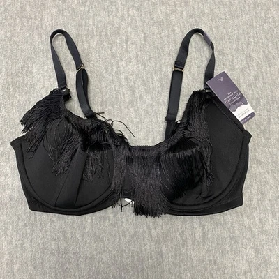 Cacique Bra 38DDD Black Lighty Lined Under Wire Quarter Cup FRINGE Top $59 - Image 1 of 4