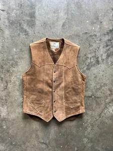 VTG Pioneer Wear Mens 42 Western Vest Suede Leather Brown Sherpa Lined Snap Up - Picture 1 of 5