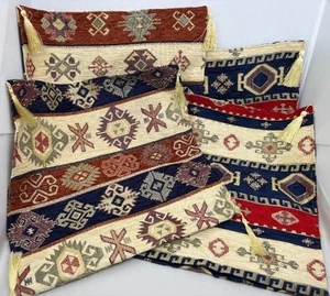 Set of 4 Geometric Kilim Moroccan Style Throw Pillow Covers with Corner Tassels - Picture 1 of 13