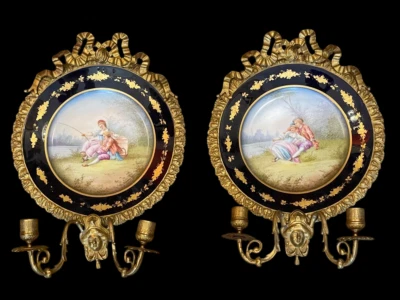 Antiguo Elegante Par de Apliques de Pared Sevres Porcelana Placas Bronce Dorado Siglo XIX Foto 1 de 4