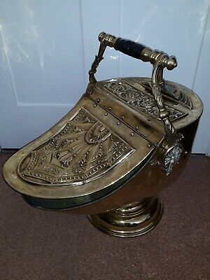 Antique Victorian Embossed Brass Coal Scuttle With Ebony Handle & Shovel • 184.21$