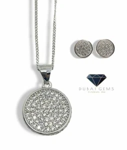 White Gold finish created diamond Medallion Designer stud earrings And Necklace - Picture 1 of 4