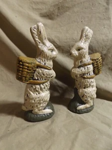2 Folk Art Hand Painted Easter Bunny Rabbits w Baskets Ceramic? Composite? ~6.5" - Picture 1 of 5