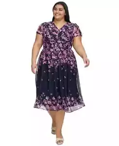 DKNY Women's Plus Size Floral Print Cap Sleeve Chiffon Midi Dress Navy Pink 18W - Picture 1 of 13