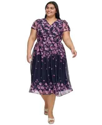 DKNY Women's Plus Size Floral Print Cap Sleeve Chiffon Midi Dress Navy Pink 18W - Image 1 of 4