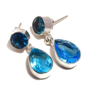 Genuine Swiss Blue Topaz Pear & Round Cut Gemstone Handmade Drop Dangle Earrings - Picture 1 of 3