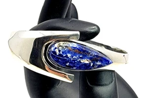 TB-41 Taxco Mexico 925 Sterling Silver Sodalite Gemstone Hinged Bangle Bracelet - Picture 1 of 10