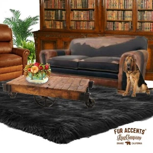 Plush Faux Fur Black Shag Rug, Soft, Flexible Bonded Suede Back, Made in America - Picture 1 of 6