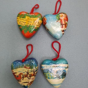 Juego de 4 decoraciones corazón navidad papel maché decoupage poliestireno vintage  - Imagen 1 de 8