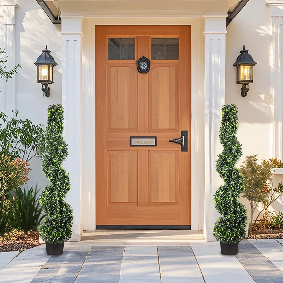 Planta de árboles topiarios en espiral de boj artificial con maceta de plástico para decoración del hogar Foto 1 de 2