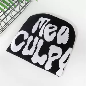 Men Women Letter Knit Beanies Mea Culpa Hip Hop Skull Cap Winter Hat Knitwear - Picture 1 of 20