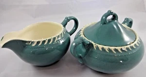 Vintage 1950s HARKER Corinthian Teal Green Cream & Sugar Set Creamer Sugar Lid - Picture 1 of 9