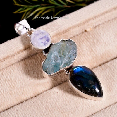 Aquamarine & Labardorite Gemstone 925 Sterling Silver Handmade Pendant PG1783 - Image 1 of 3