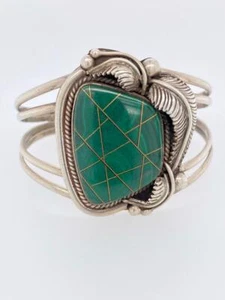 Brazalete Vintage Artesano Navajo Incrustado Malaquita Plata Esterlina Firmado - Imagen 1 de 7