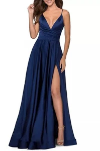 La Femme Marineblau Seitenschlitz Satin Ballkleid Größe 14. Neu ohne Etikett. 459 $. 14 - Bild 1 von 10