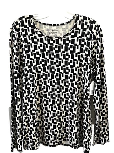 Chicos Womens Black and Cream Top Abstract Print Pullover Round Neck LS Size 1 - Picture 1 of 5