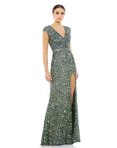 Maxi Vestido MAC DUGGAL 5489 Verde Bosque Lentejuelas Cuentas Abertura Alta Acanalado 12 - Imagen 1 de 10