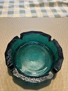 Vtg 6” MCM Thick Heavy Blueish Green Tinted Glass Ashtray Catch All Change Dish - Picture 1 of 8