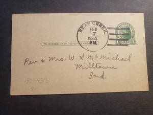 BEAR CREEK, CONVERSE County, WYOMING 1934 Postal Card w/note WY to Milltown, IN - Picture 1 of 2