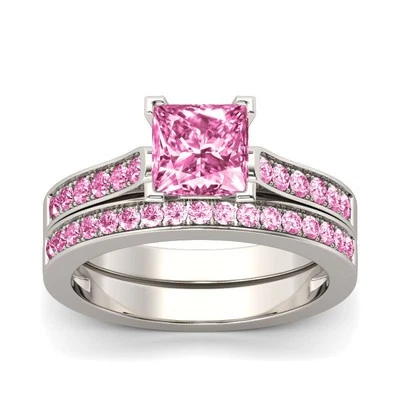 Juego de anillos de compromiso nupciales de zafiro creados por Princess Lab de 2 quilates de oro blanco de 14 quilates FN Foto 1 de 4