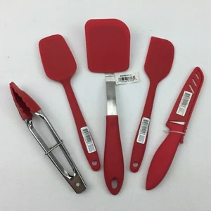 Red Silicone Kitchen Utensils Mini Set Tongs Knife Spatulas Set of 5 Spoonula - Picture 1 of 12