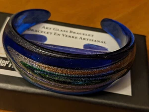 Pier 1 Imports Art Glass Bracelet Blue Green Silver Copper Shimmer with Box - Picture 1 of 5