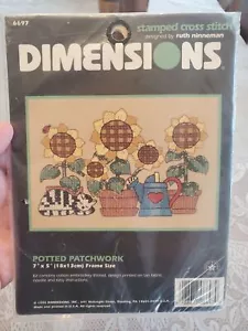 Unopened Dimensions cross stitch kit 1994 potted patchwork 7" x 5" sunflower,cat - Picture 1 of 5