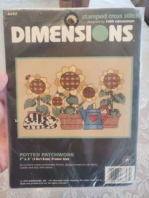 Unopened Dimensions cross stitch kit 1994 potted patchwork 7" x 5" sunflower,cat - Image 1 of 4