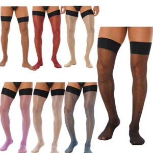 Men's Ultra Thin Thigh High Silk Stockings Glossy Stretchy Sheer Hold Up Socks - Picture 1 of 77